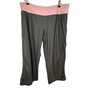 Nike Cropped Mid-Rise Grey Athletic Leggings With Pink Waistband